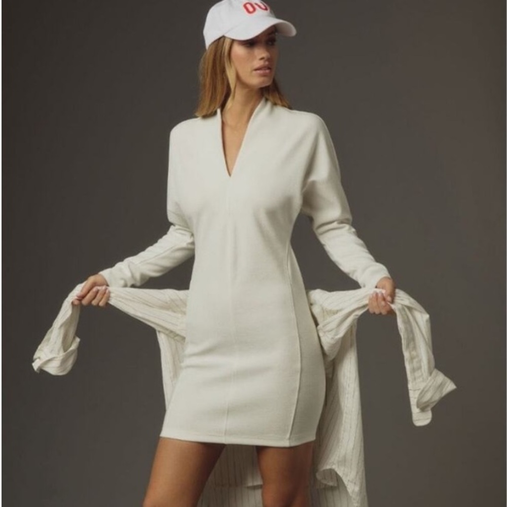 Anthropologie Daily Practice Plunge V Neck Ivory Long Sleeve Dress Large NWT